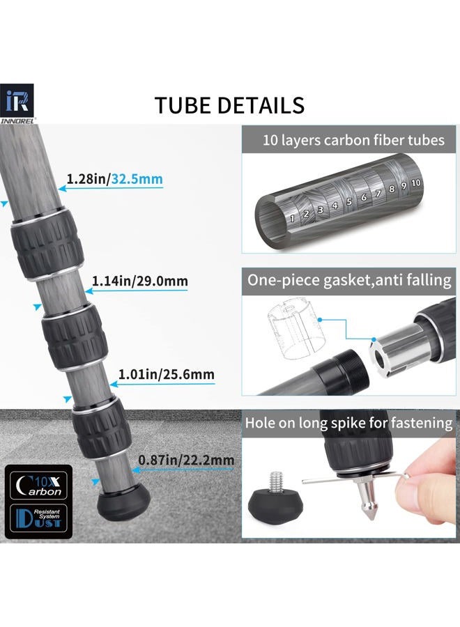 Innorel Carbon Fiber Tripod KT324C Without Head Professional Portable Compact Travel Tripod for Digital DSLR Camera Heavy Duty Stand Support 1.28in/32.5mm Tube Max Load 55lbs/25kg with Center Column - Image 4